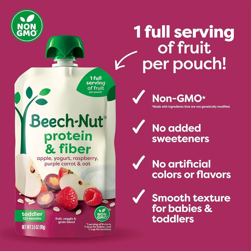 Beech-Nut Baby & Toddler Food Pouches with Protein and Fiber, Apple Yogurt Raspberry Purple Carrot & Oat Puree, 3.5 oz (12 Pack) - Image 5